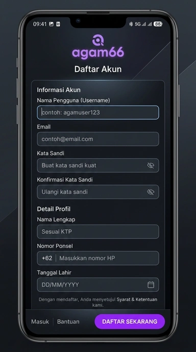 Tampilan halaman daftar agam66